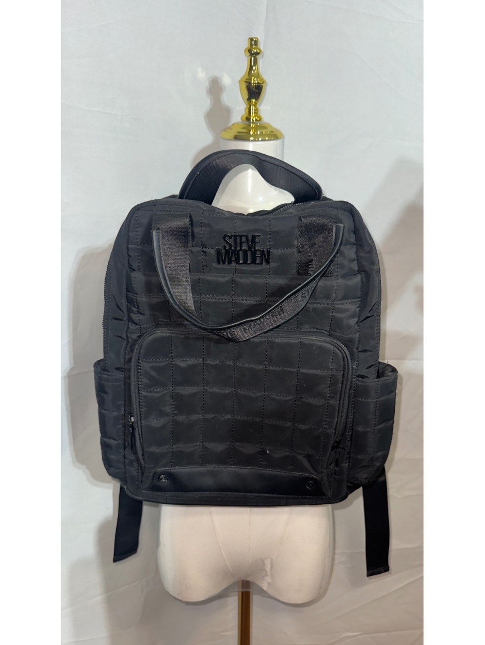 Steve Madden Quilted Backpack Black Square Rucksack Lg Zip Pockets Logo School